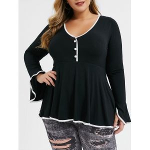 

Plus Size Contrast Trim Bell Sleeve Plunging T-shirt, Black