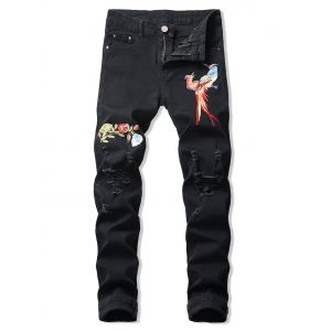 

Floral Bird Embroidery Ripped Long Jeans, Black