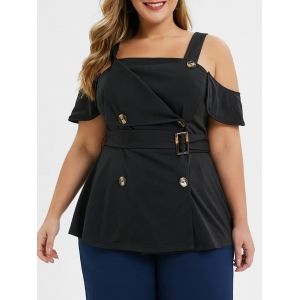 

Plus Size Tailored Double Breasted Cold Shoulder Top, Black