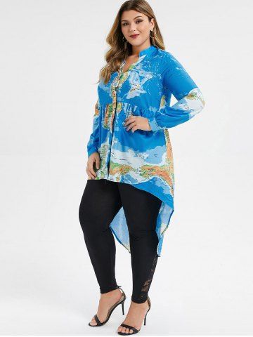 

Plus Size High Low Map Print Long Tunic Blouse, Blue