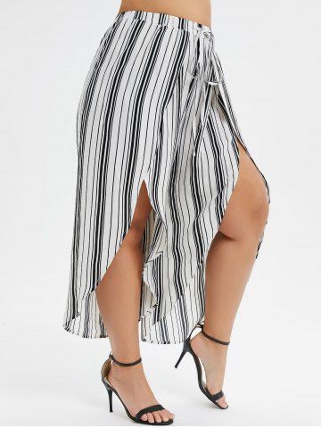 

Plus Size Stripe Overlap Slit Palazzo Pants, White