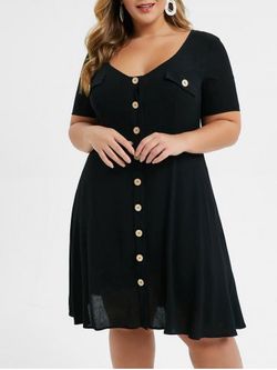 Plus Size Button Up Knee Length Dress - BLACK - M