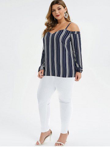 

Plus Size Cold Shoulder Striped Long Sleeve Blouse, Cadetblue