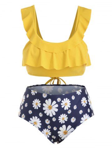 Plus Size Daisy Print Tie Back Ruffled Bikini Set - BEE YELLOW - 4X