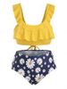 Plus Size Daisy Print Tie Back Ruffled Bikini Set -  