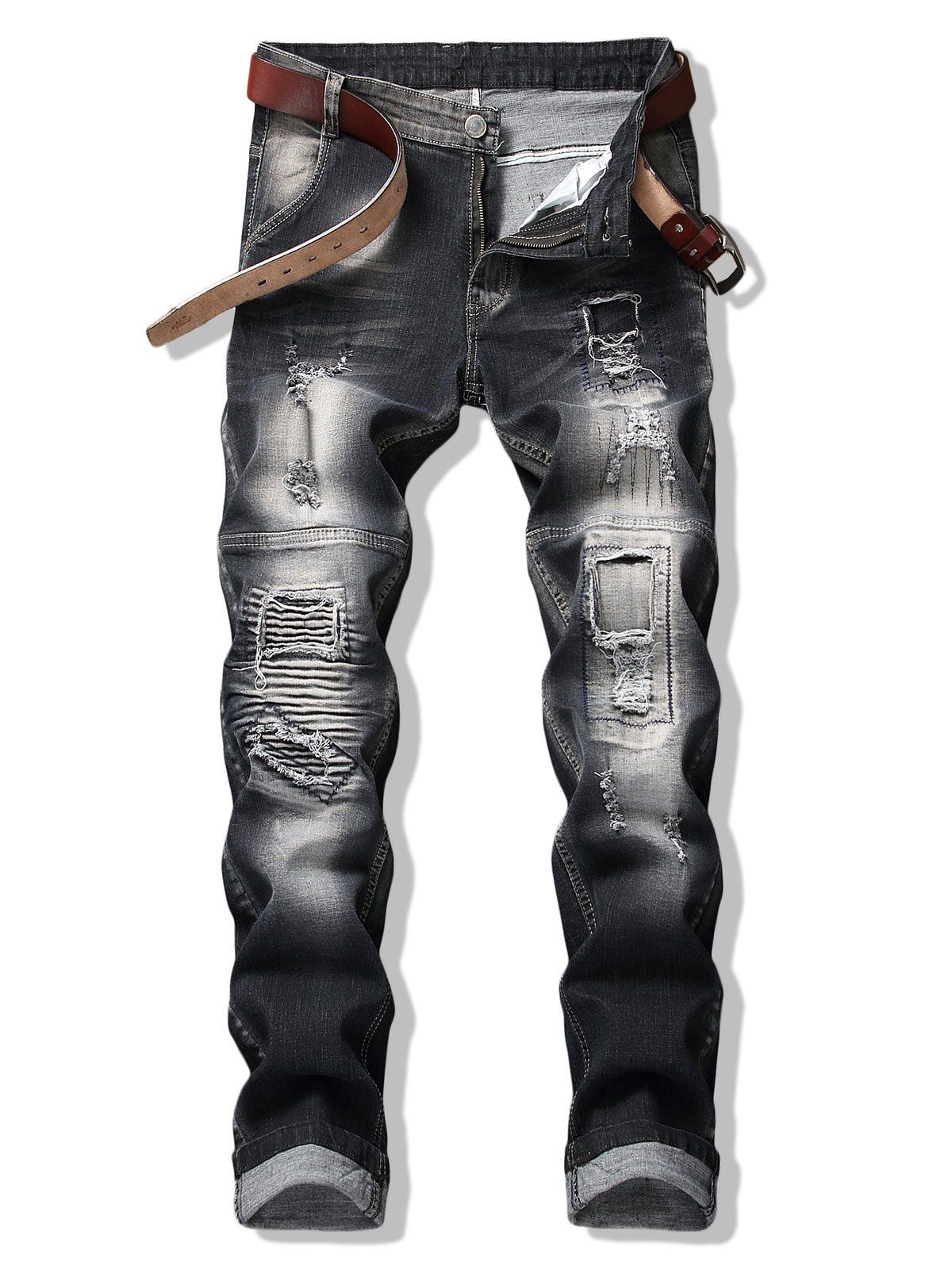 

Broken Hole Patch Slim Denim Pants, Black