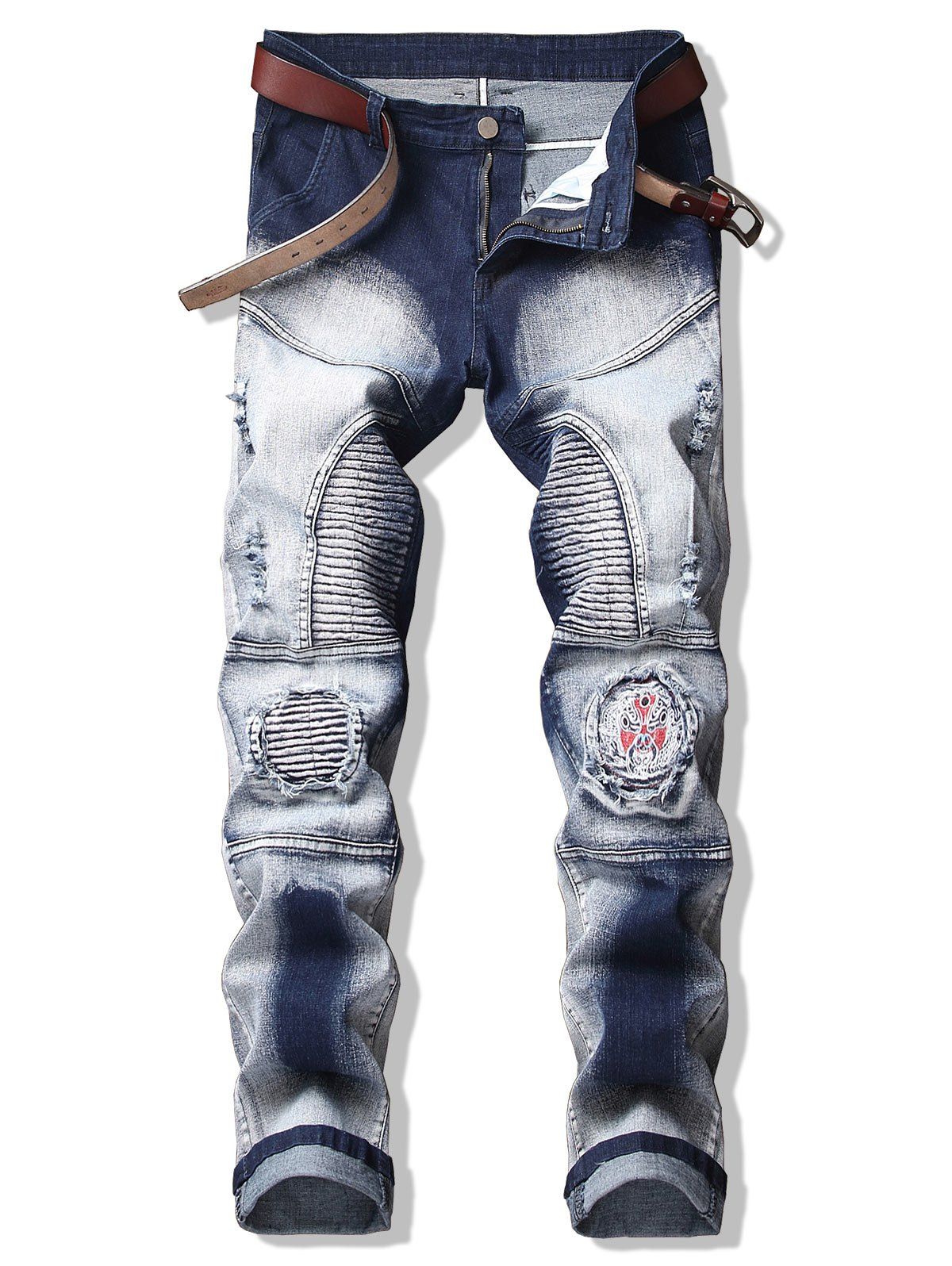 

Chinese Opera Mask Patch Pencil Jeans, Blue