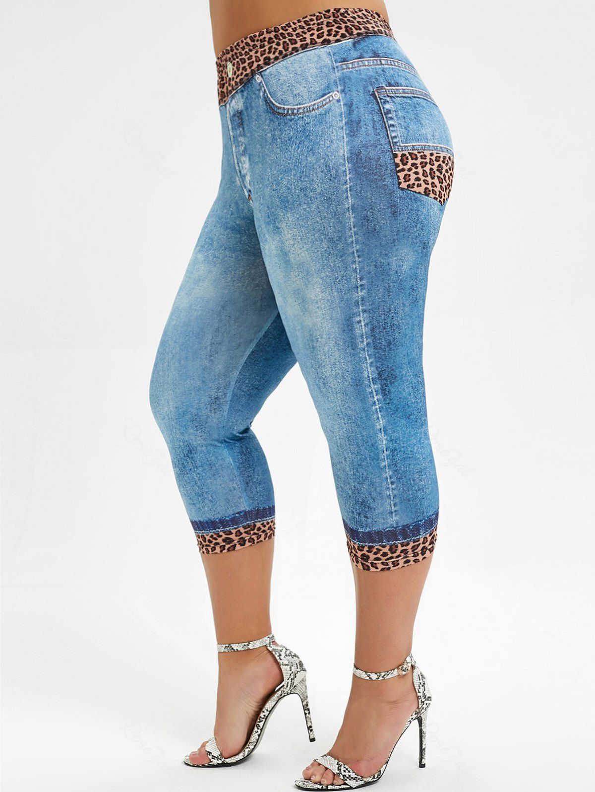 

High Waisted Capri Leopard Panel Plus Size Jeggings, Blue