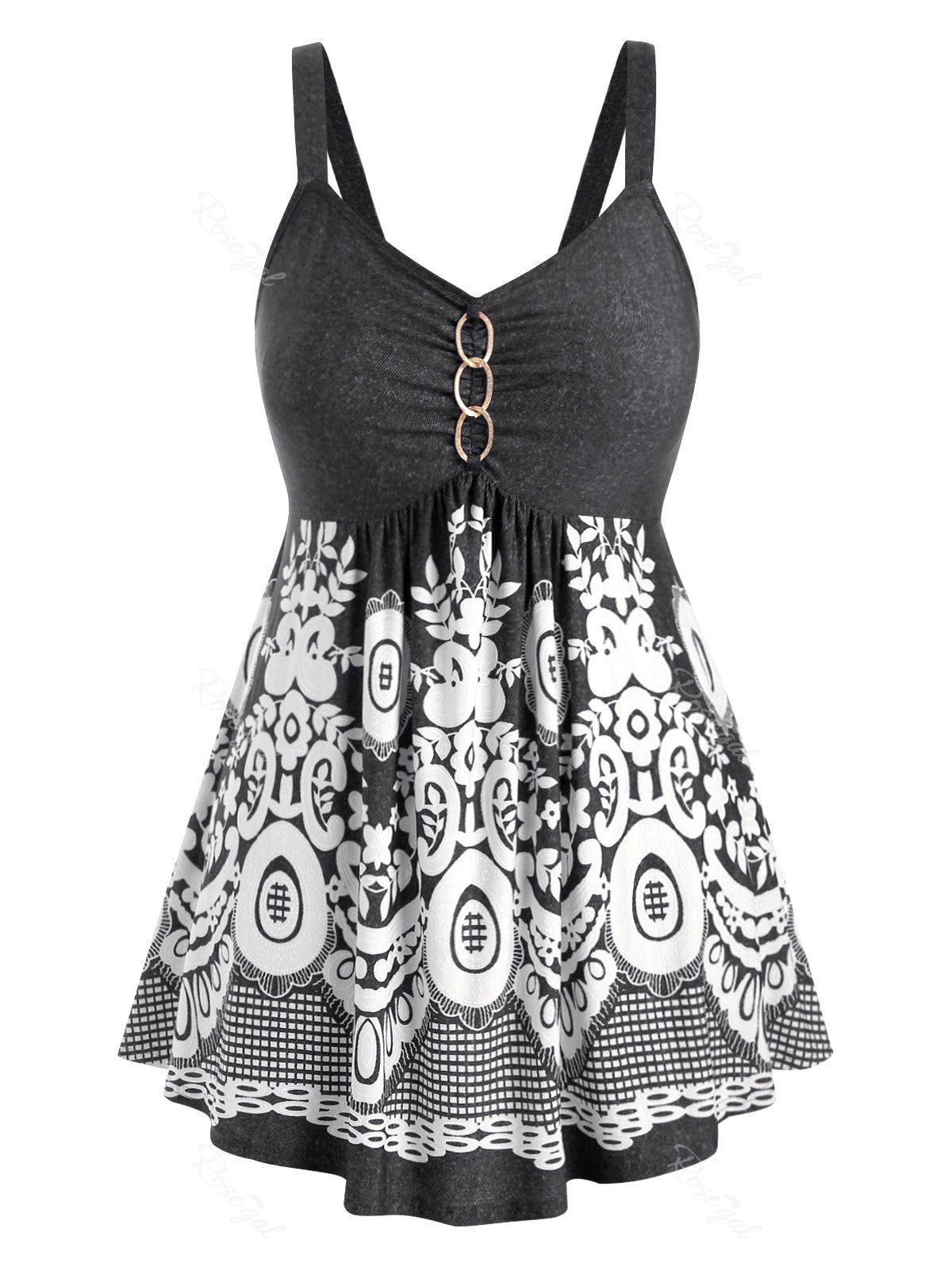 

Plus Size Marled Floral Print Sweetheart Collar Tank Top, Dark slate grey