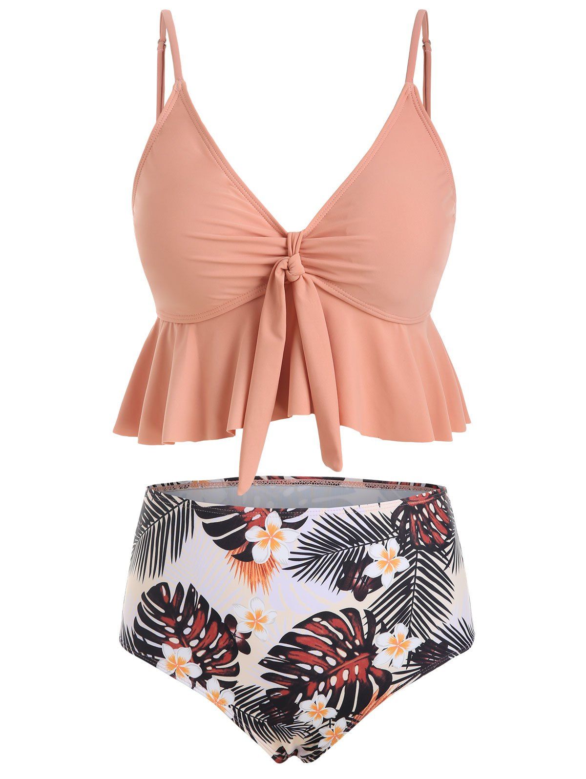 

Floral Leaves Print Ruffles Tankini Swimwear, Rose
