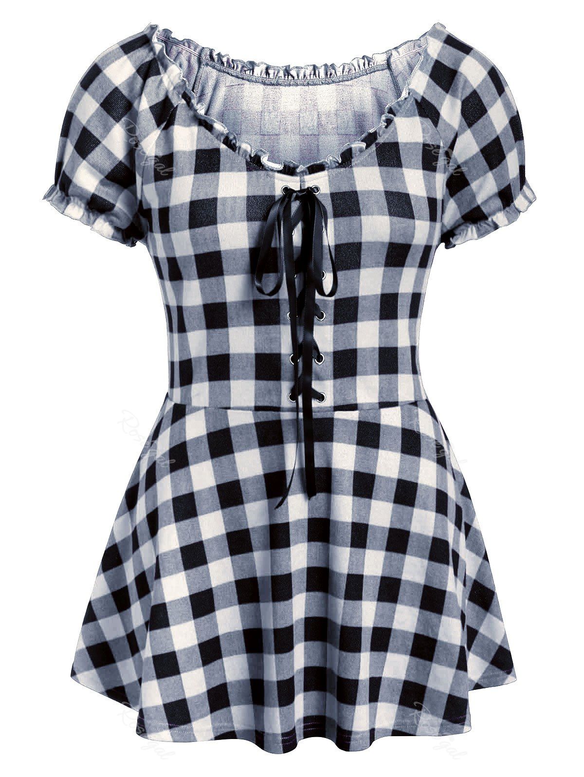 

Plus Size Checked Lace Up Short Sleeve T Shirt, Natural white
