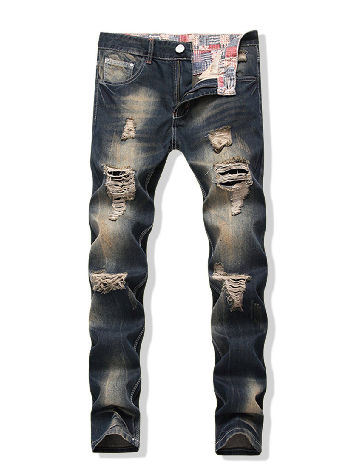 

Faded Wash Long Straight Ripped Denim Pants, Denim dark blue