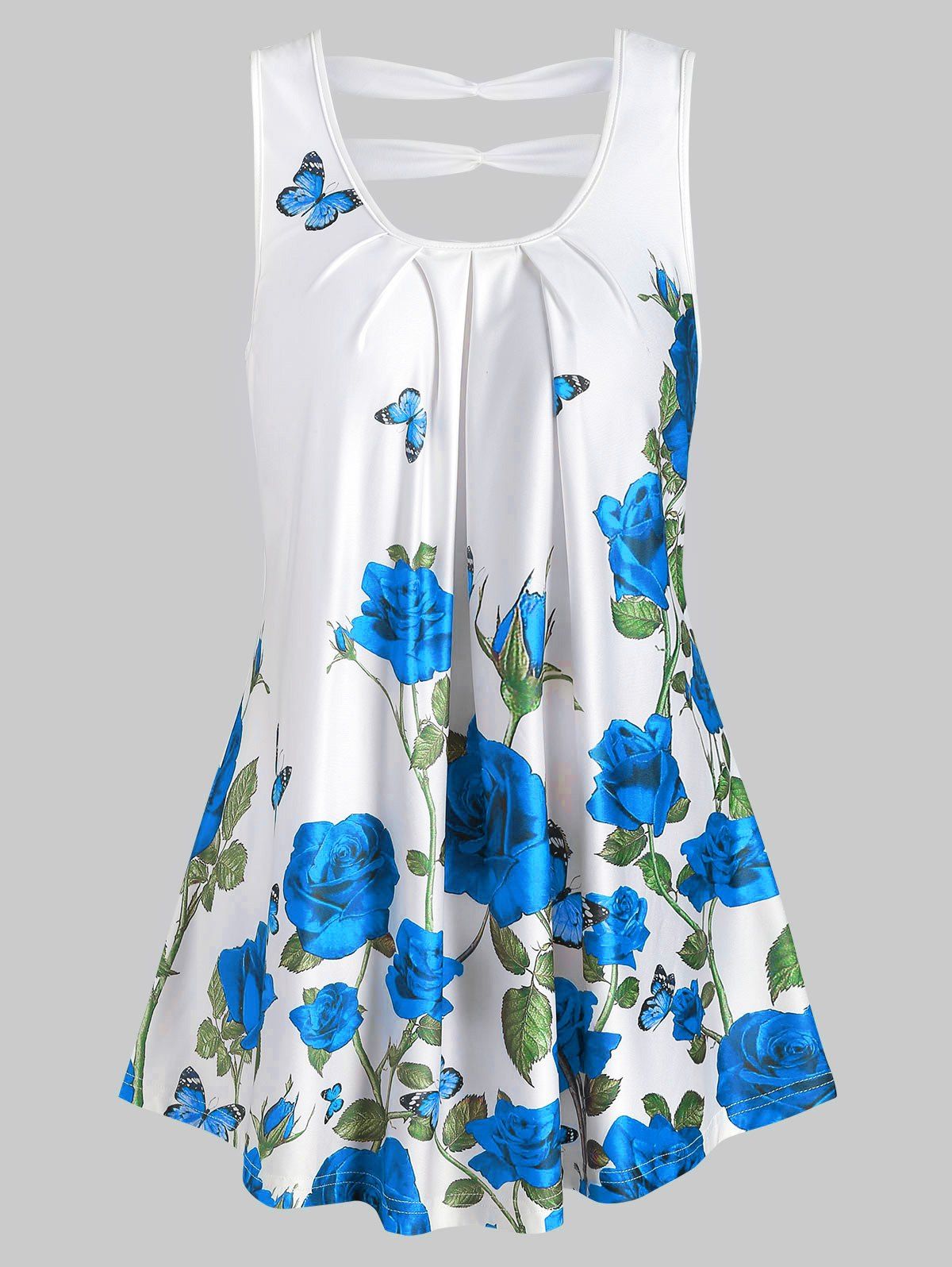 

Rose Print Cut Out Pleated Tank Top, Blueberry blue