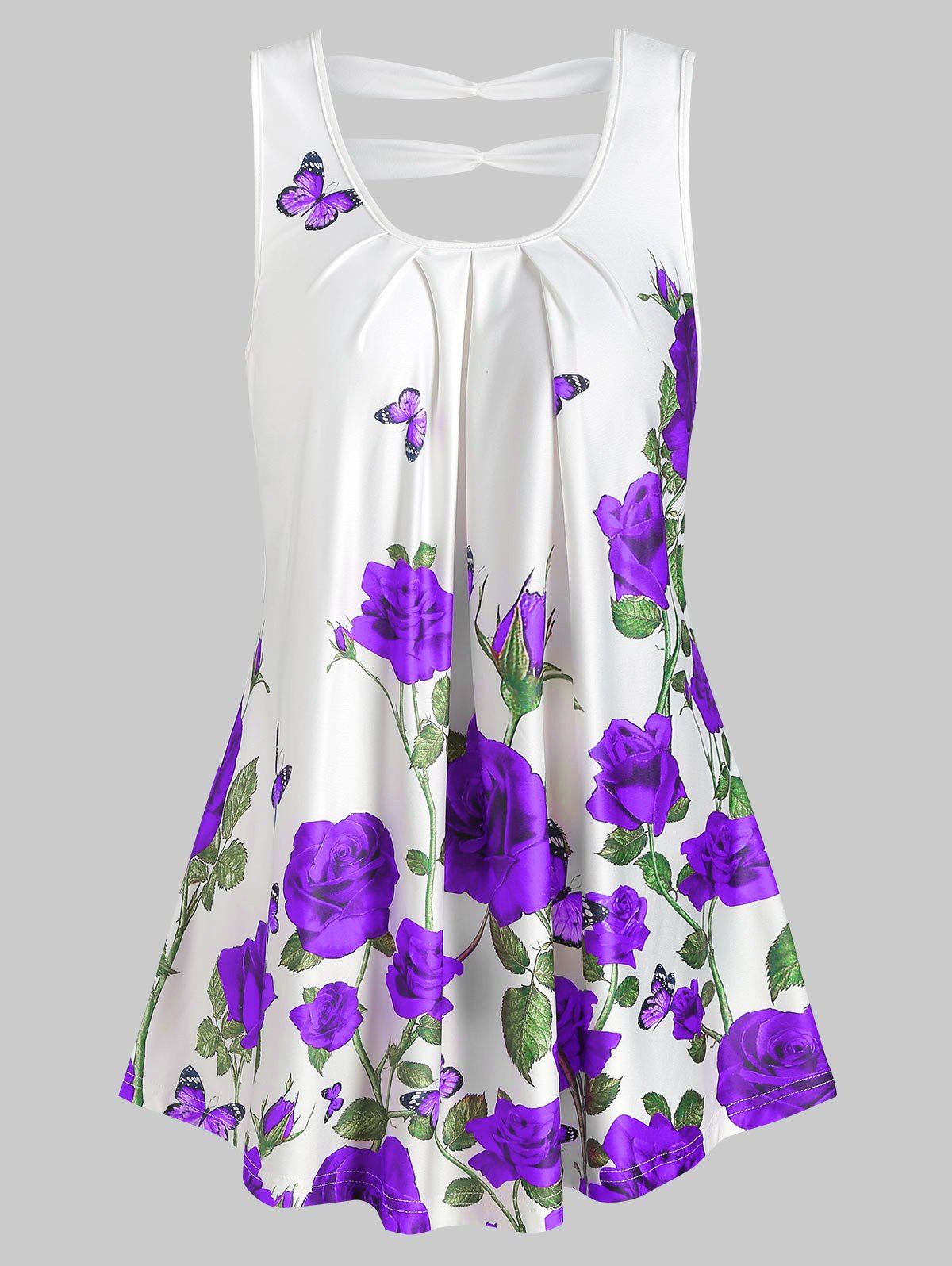 

Rose Print Cut Out Pleated Tank Top, Aztech purple