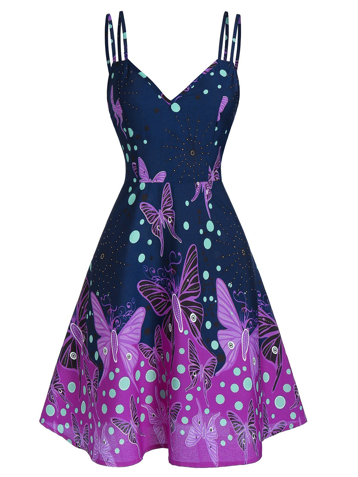 

Spaghetti Strap Butterfly Print Fit And Flare Dress, Cadetblue