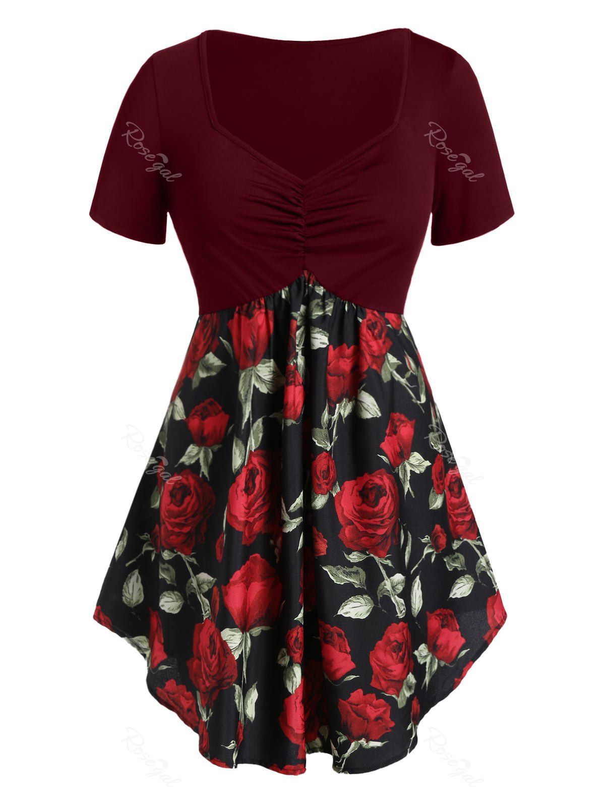 

Plus Size Sweetheart Collar Rose Print Tunic T Shirt, Red wine