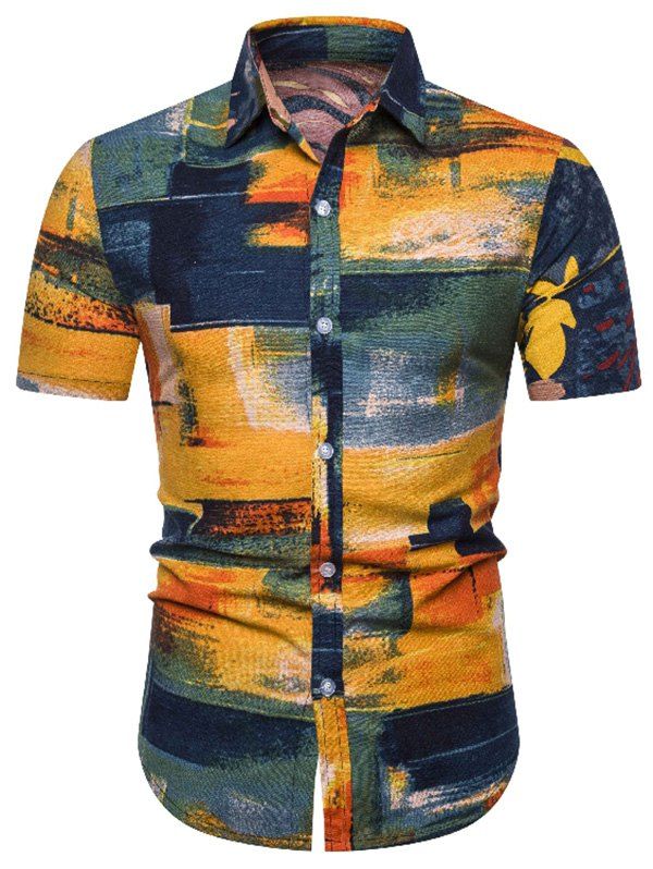

Paint Brush Print Linen Button Down Shirt, Bright yellow