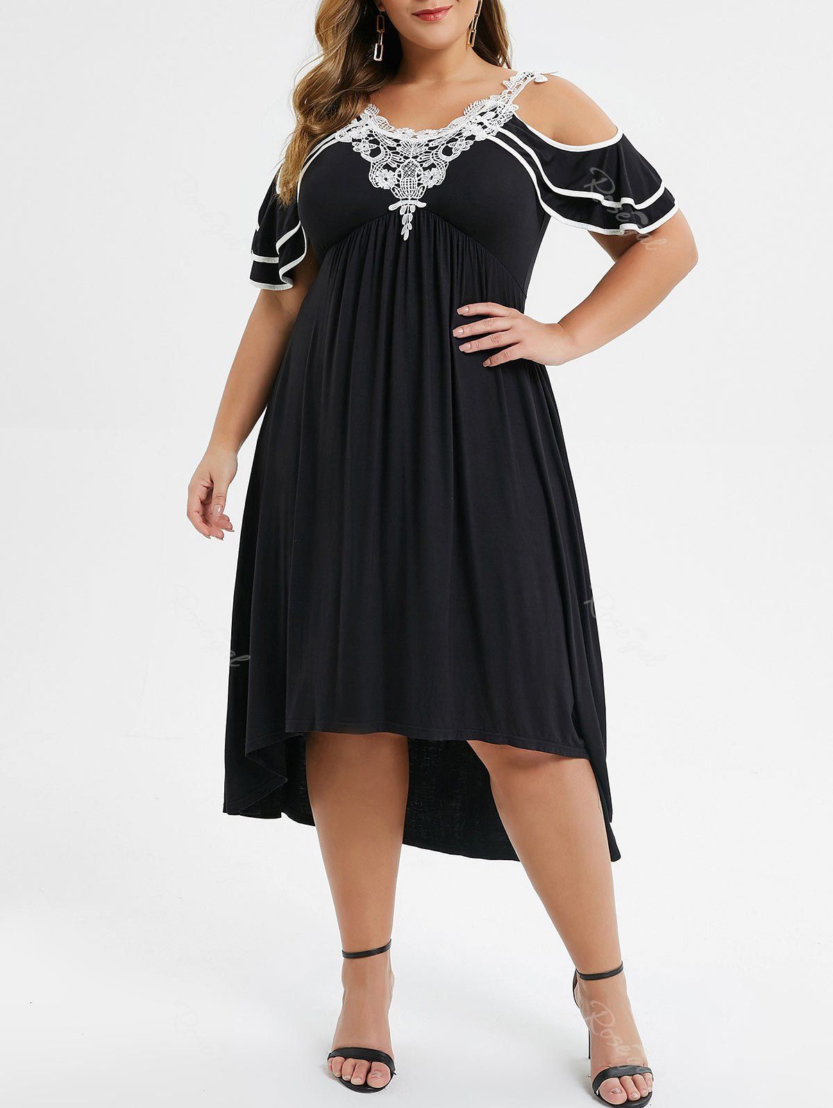 

Plus Size Cold Shoulder Contrast Lace High Low Midi Dress, Black