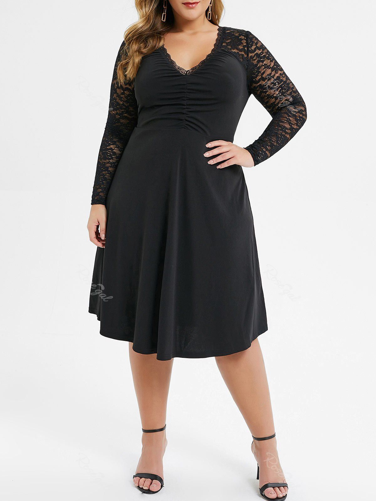 

Plus Size Lace Sleeve Ruched Fit and Flare Dress, Black