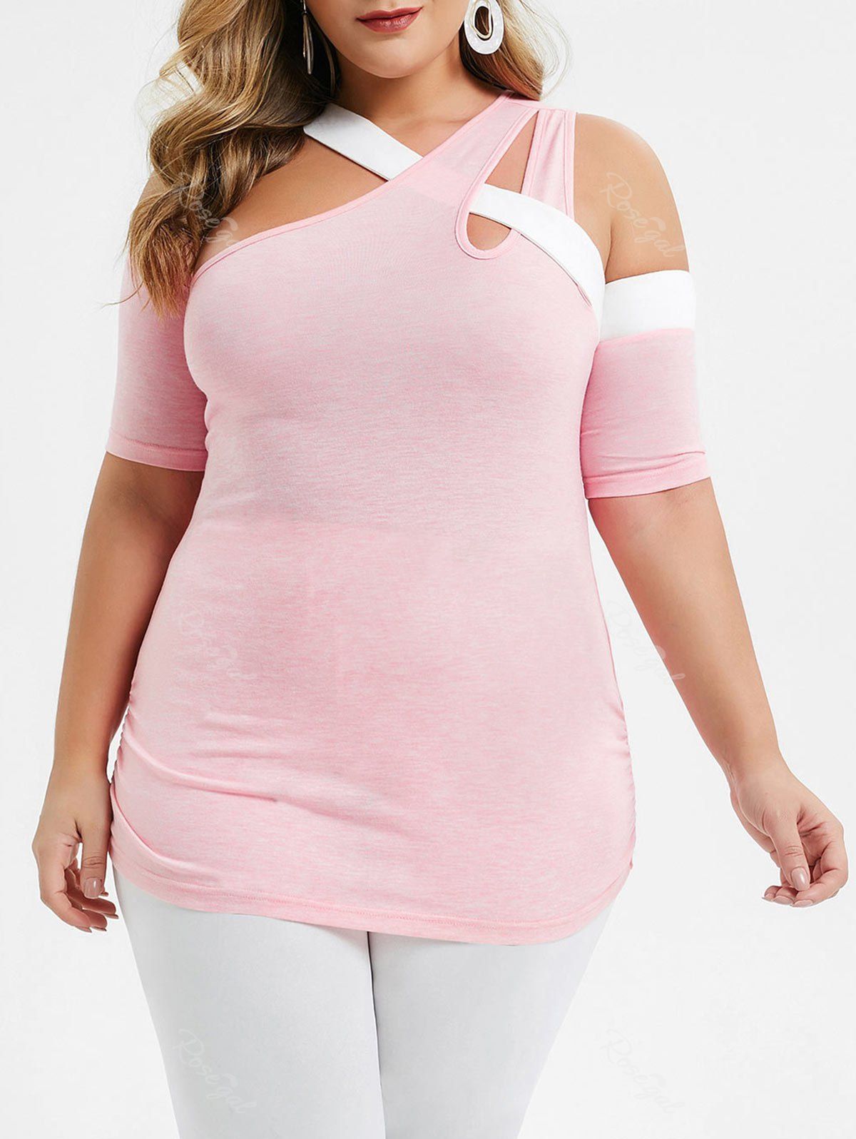 

Plus Size Cold Shoulder Contrast Trim Cut Out T-shirt, Pig pink