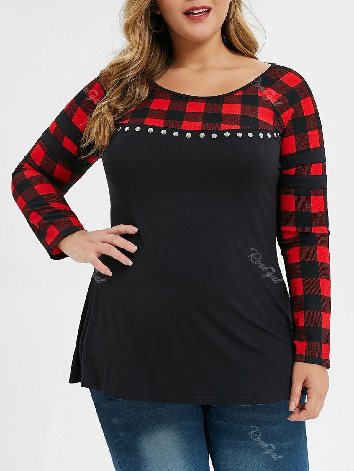 

Plus Size Studded Plaid T-shirt, Black