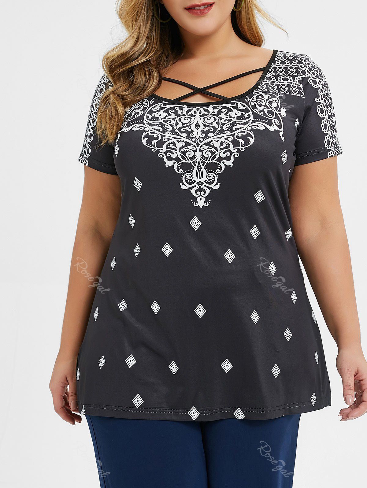 

Plus Size Criss Cross Ethnic Print T-shirt, Black