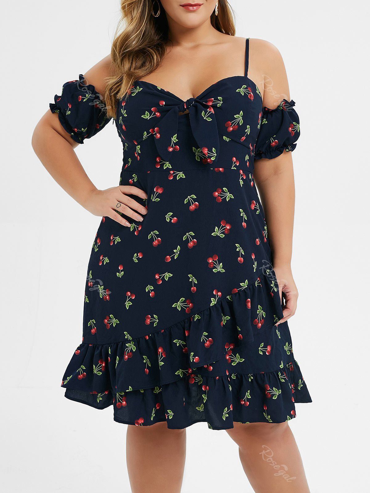Plus Size Cherry Print Knotted Flounce ...