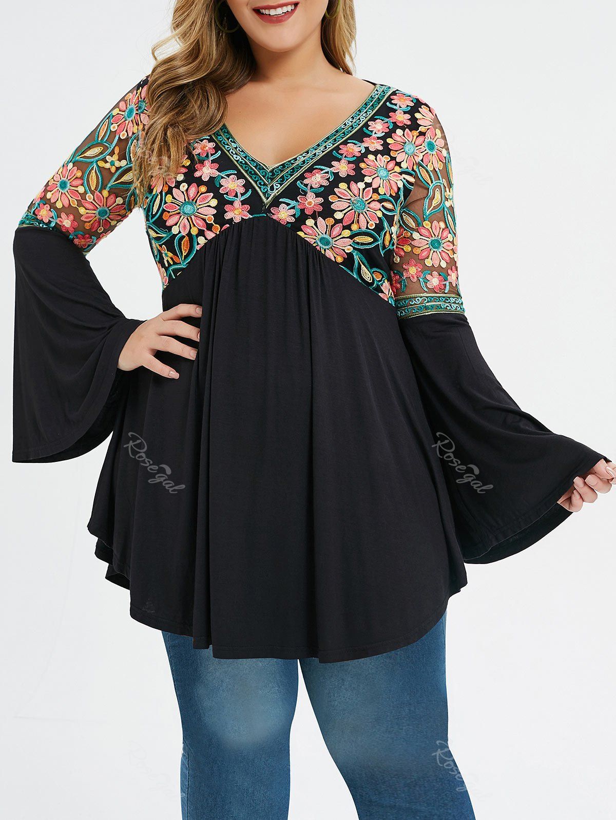 Store Plus Size Flare Sleeve Embroidered T-shirt  
