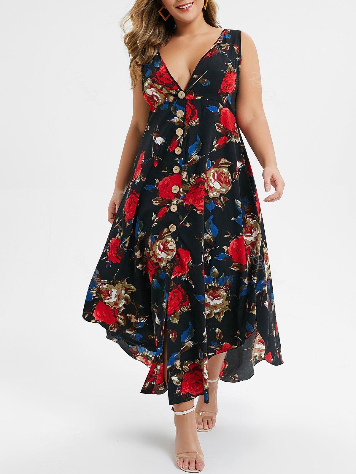 [28% OFF] Plus Size Handkerchief Button Up Floral Maxi Dress | Rosegal
