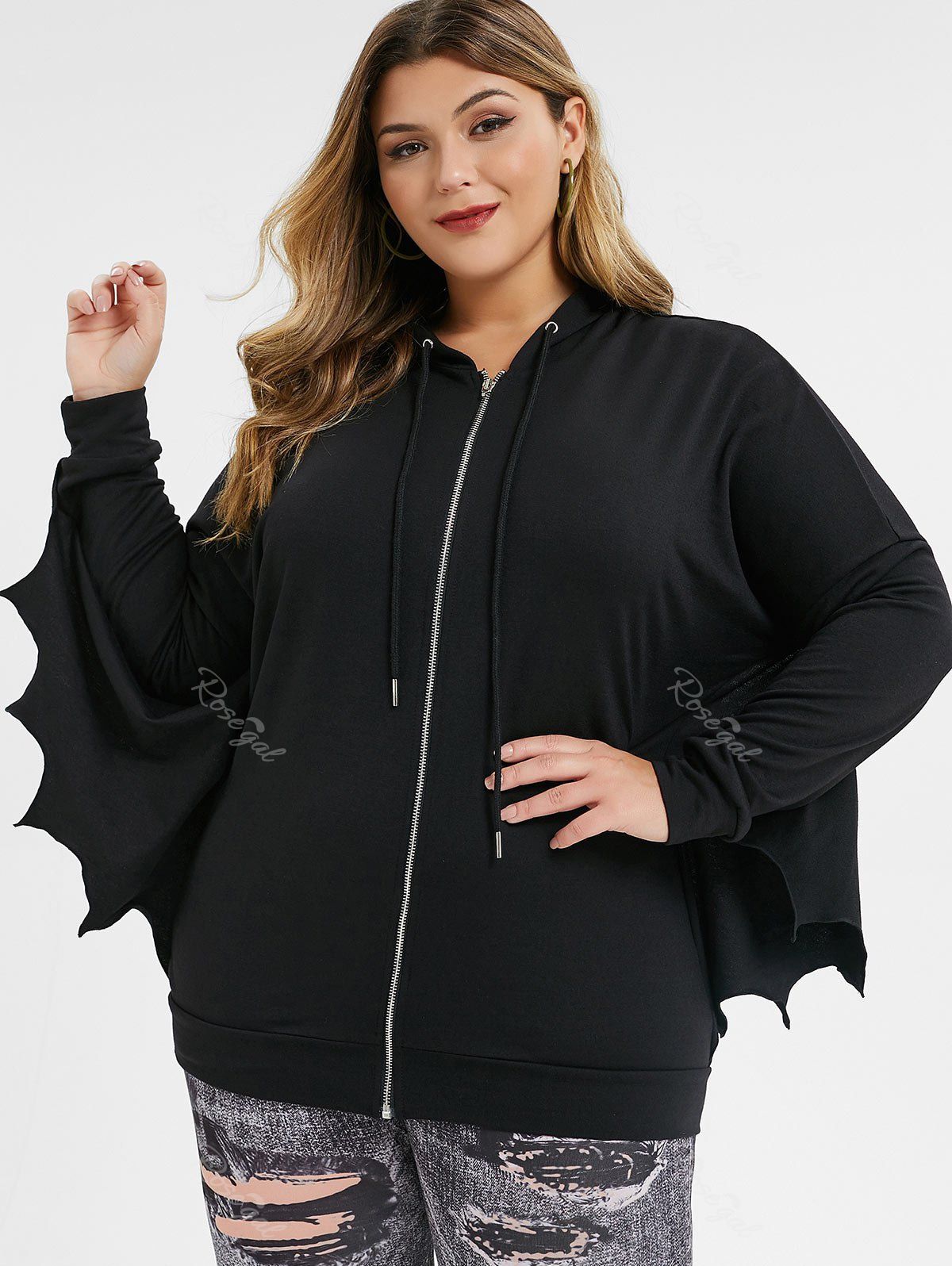 

Plus Size Batwing Sleeves Gothic Zip Up Hoodie, Black