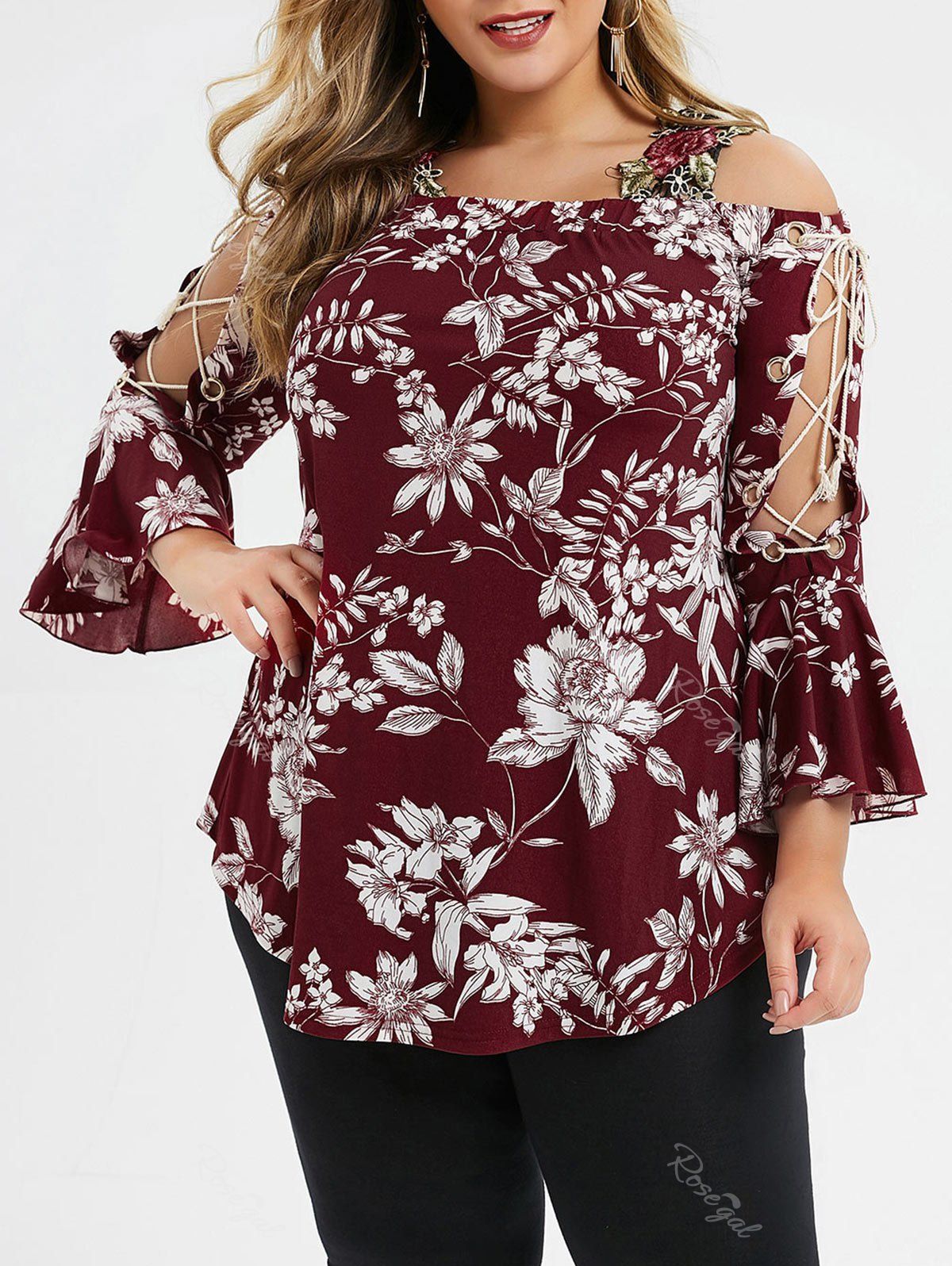 

Plus Size Cold Shoulder Lace Up Floral T-shirt, Red wine