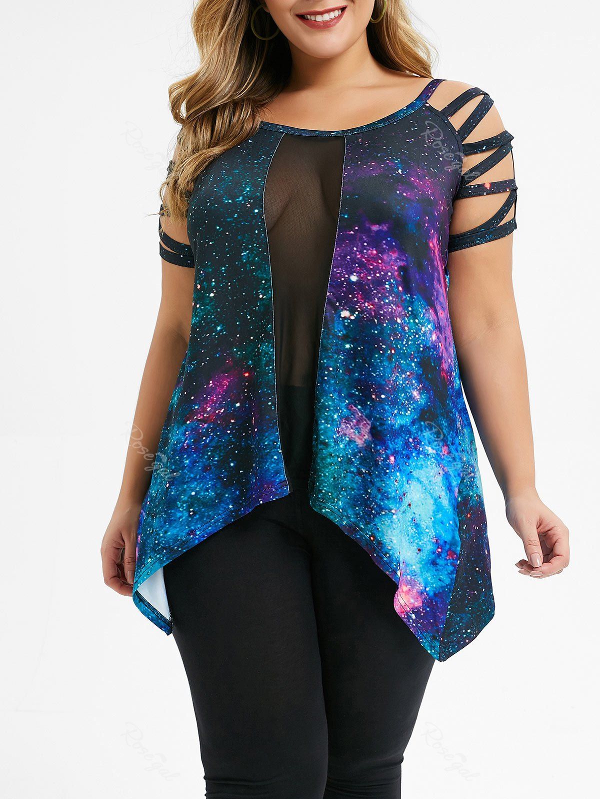 

Plus Size Mesh Insert Galaxy Lattice T-shirt, Multi