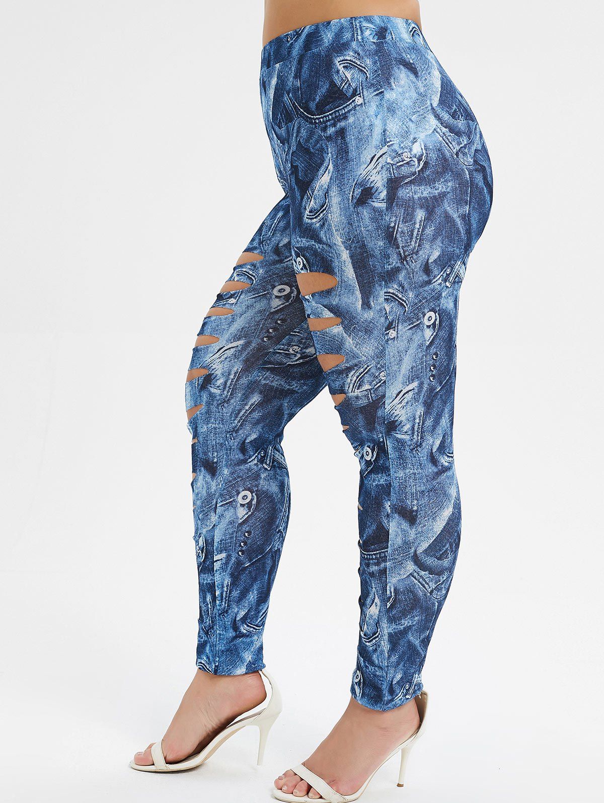 

PLus Size High Waisted Ripped Patterned Jeggings, Silk blue