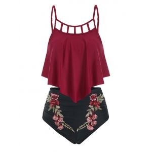 

Floral Applique Flounce Tummy Control Tankini Swimwear, Red wine