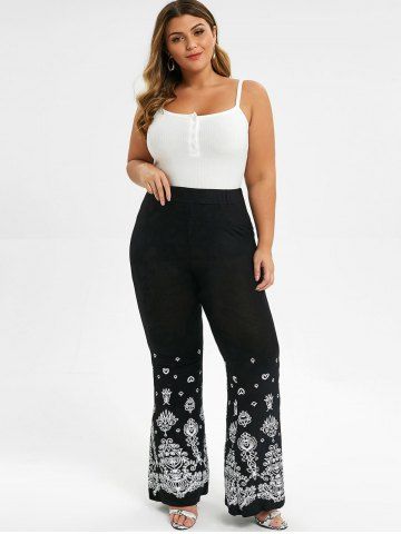 

High Waisted Printed Plus Size Flare Pants, Black