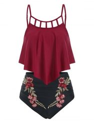 Floral Applique Flounce Tummy Control Tankini Swimwear - RED WINE