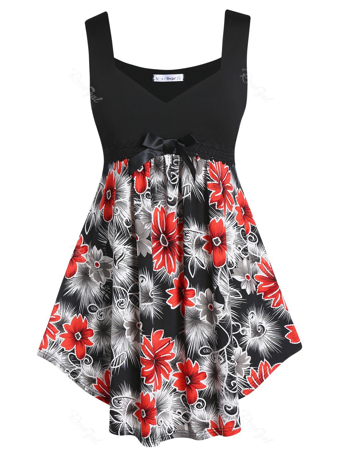 

Plus Size Floral Sweetheart Neck Curved Long Tank Top, Black