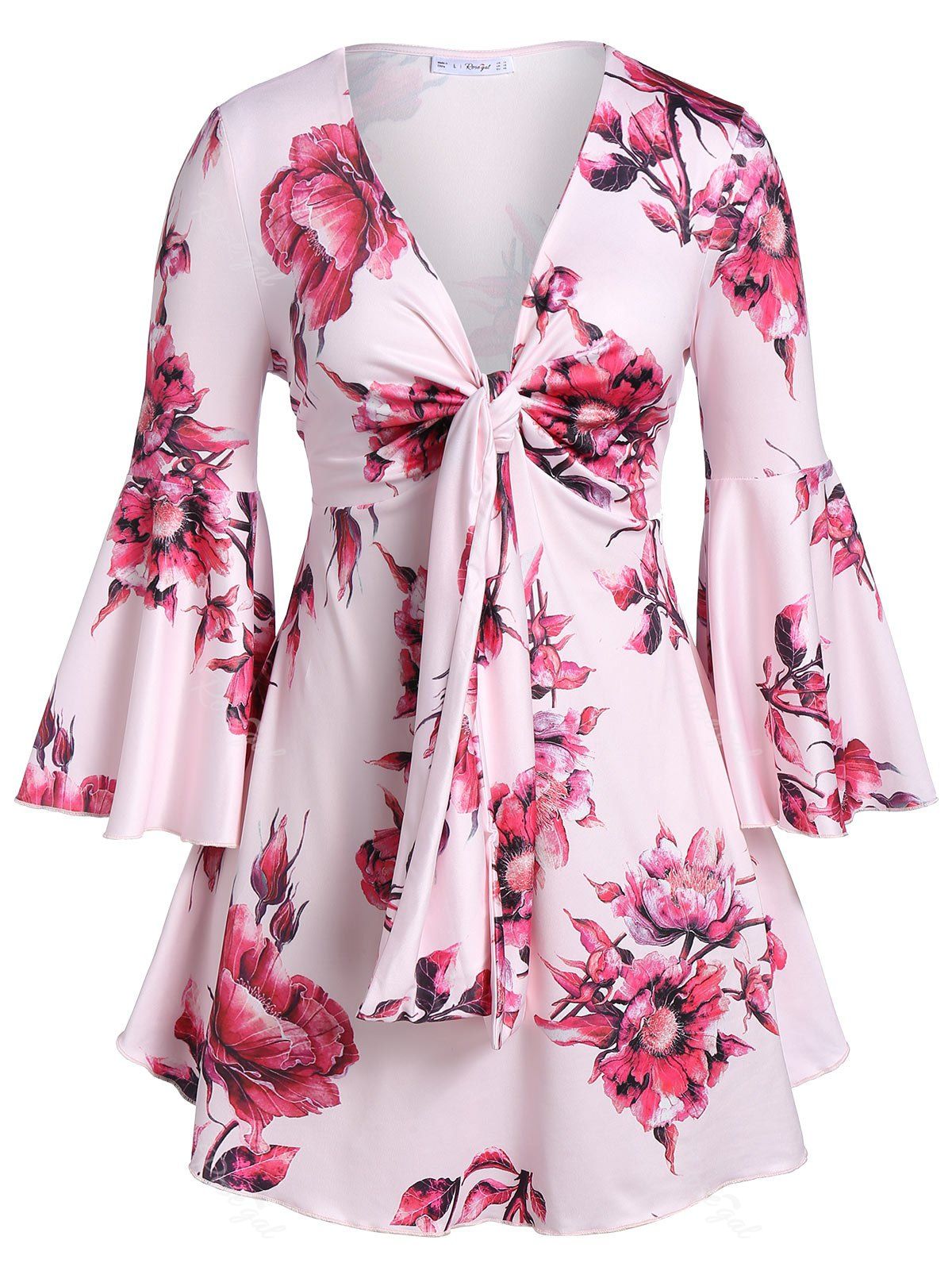 

Plus Size Floral Print Plunge Tunic T Shirt, Pink
