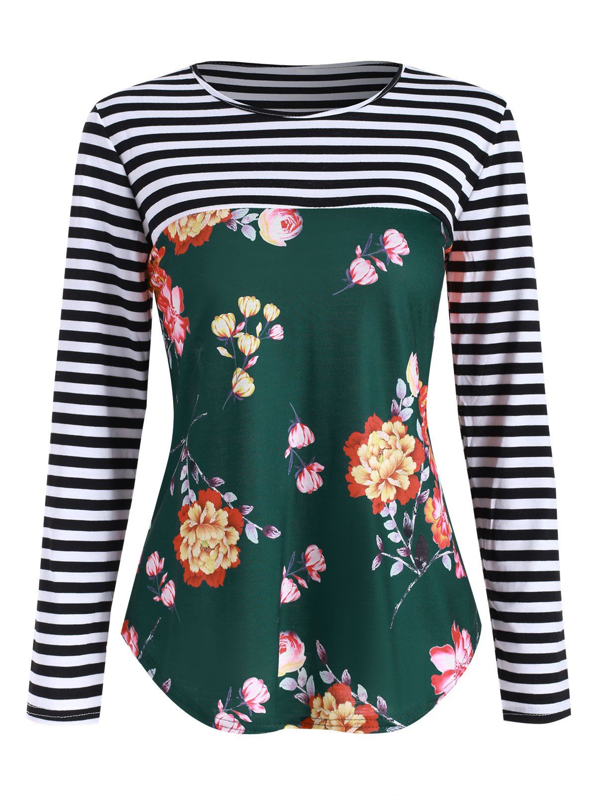

Floral Striped Lace Panel Button Embellished T-shirt, Multi