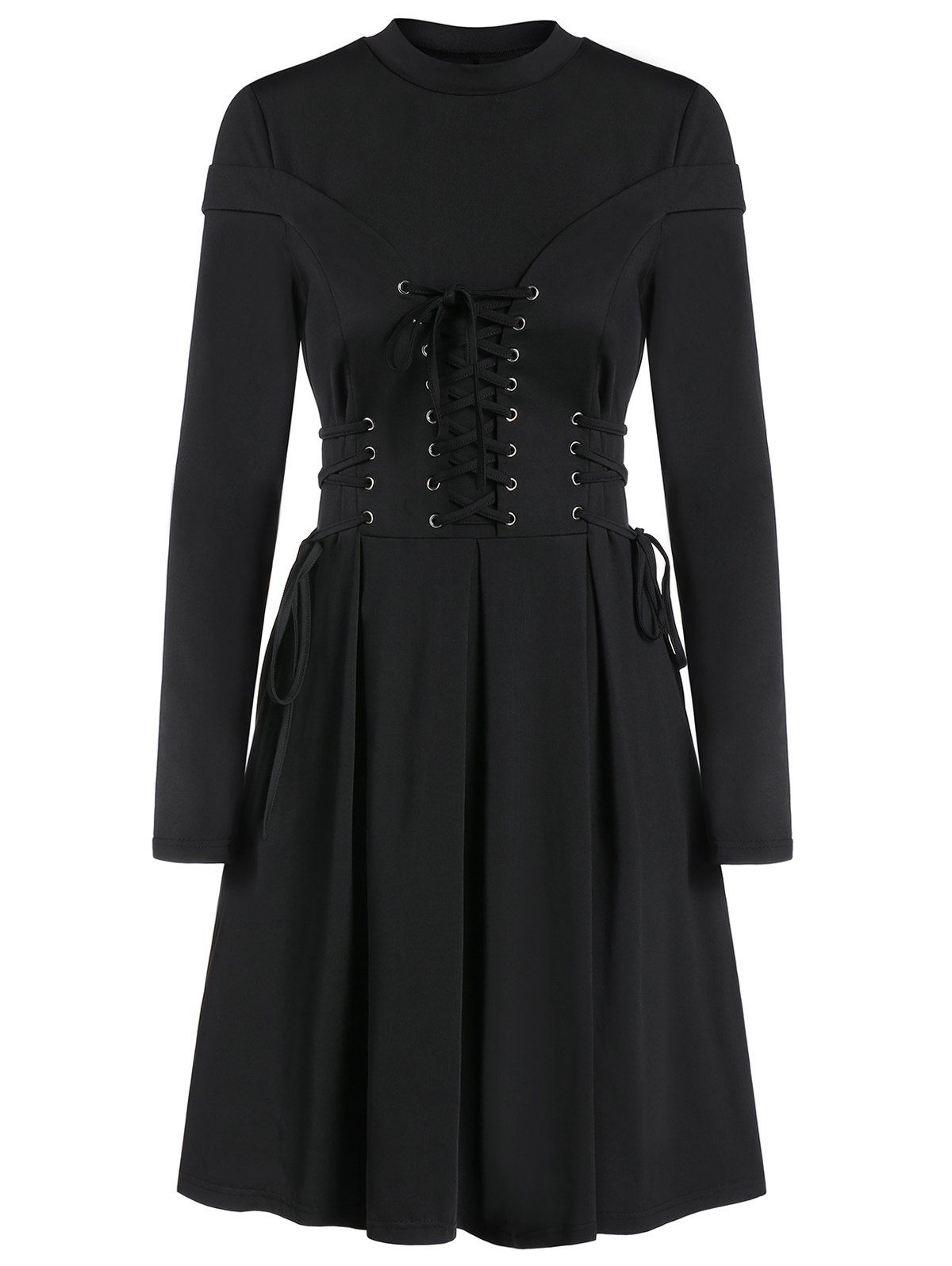 

Long Sleeve Lace-up A Line Pleated Gothic Dress, Black