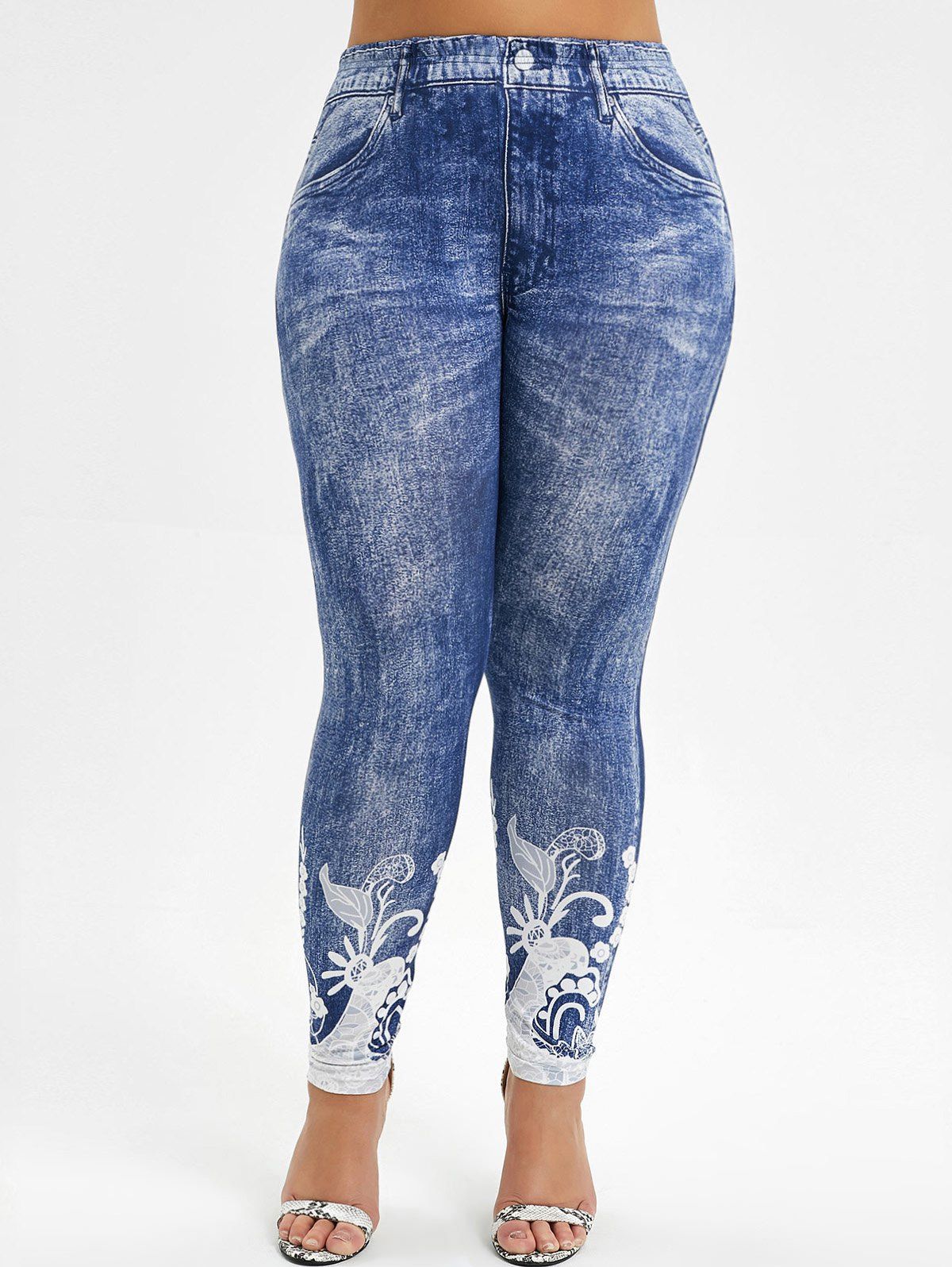 

High Waisted 3D Printed Plus Size Jeggings, Blue