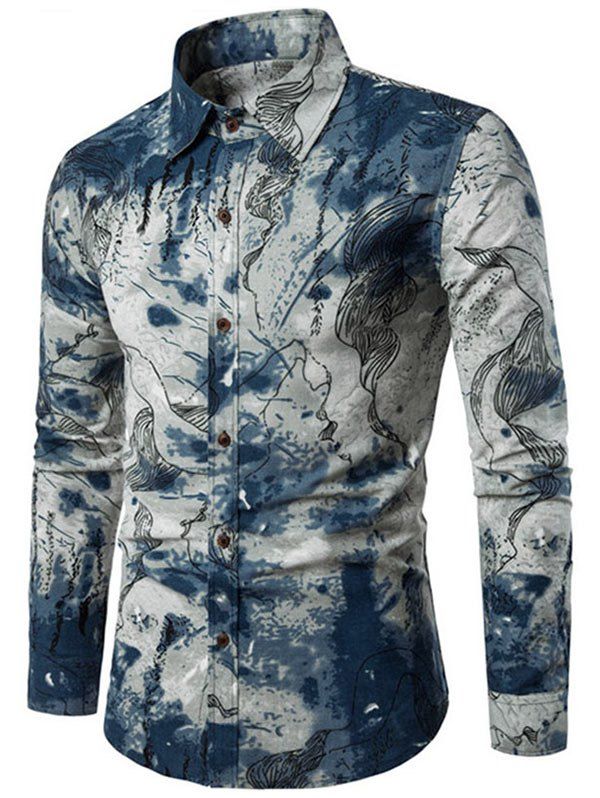 

Wash Painting Printed Long Sleeves Shirt, Lapis blue