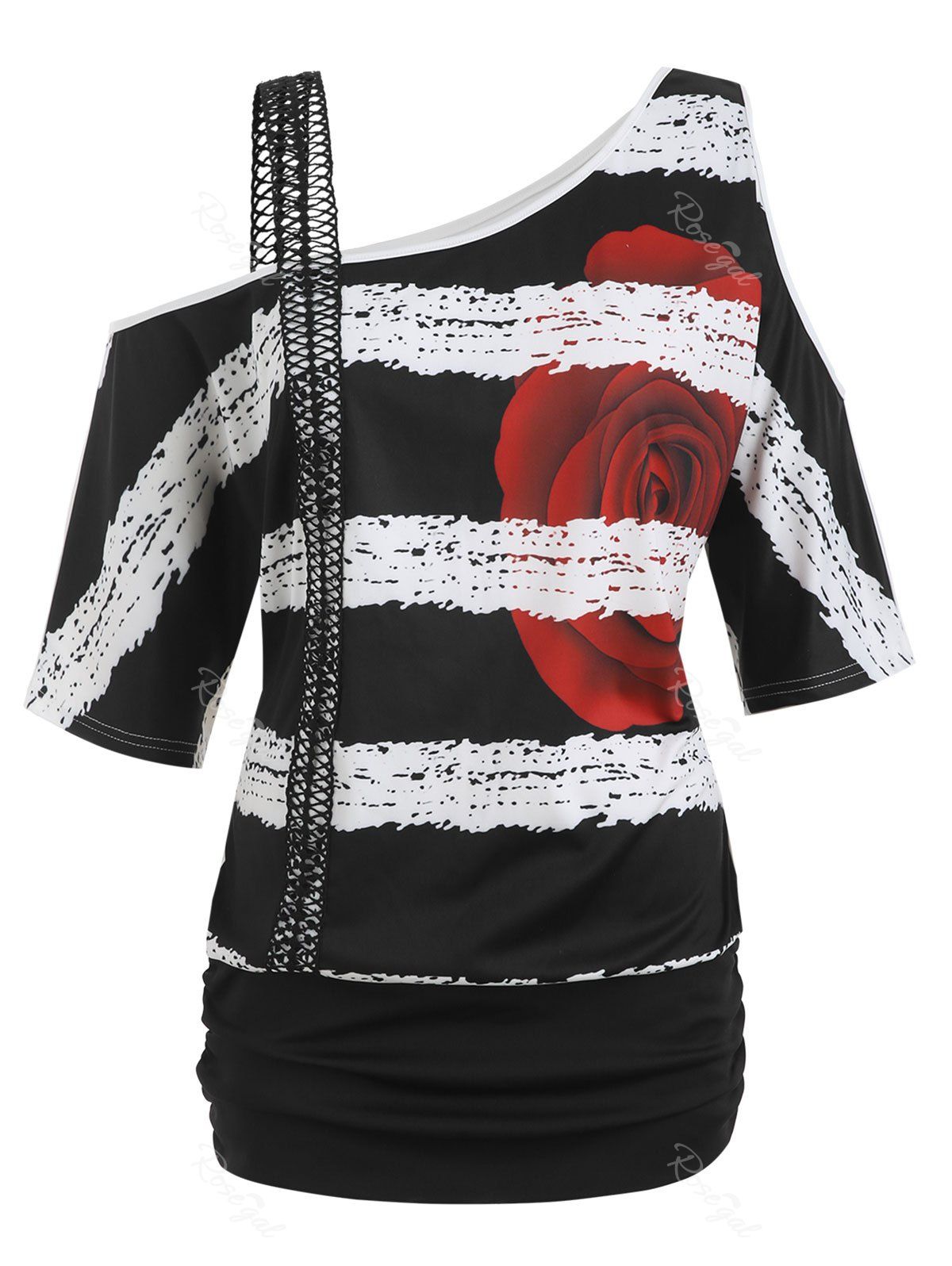

Plus Size Floral Crochet Panel Cold Shoulder Blouson Top, Black
