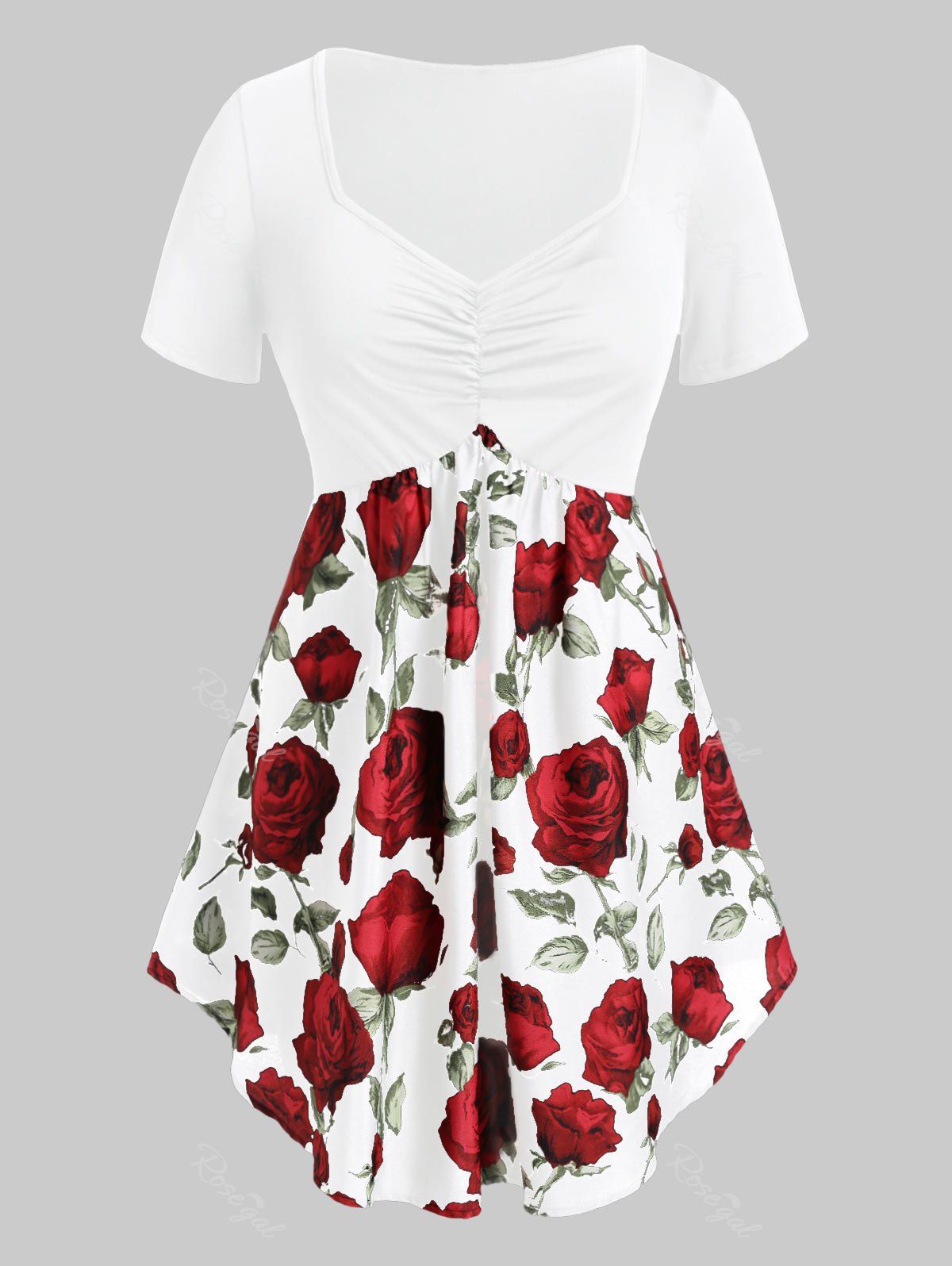 

Plus Size Sweetheart Collar Rose Print Tunic T Shirt, Milk white