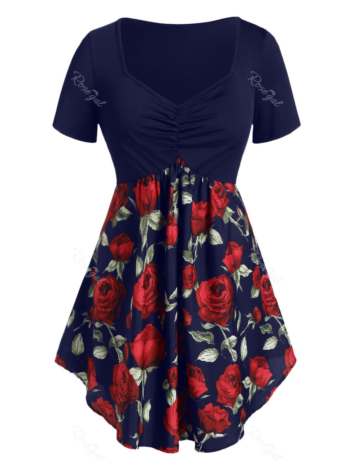 

Plus Size Sweetheart Collar Rose Print Tunic T Shirt, Dark slate blue