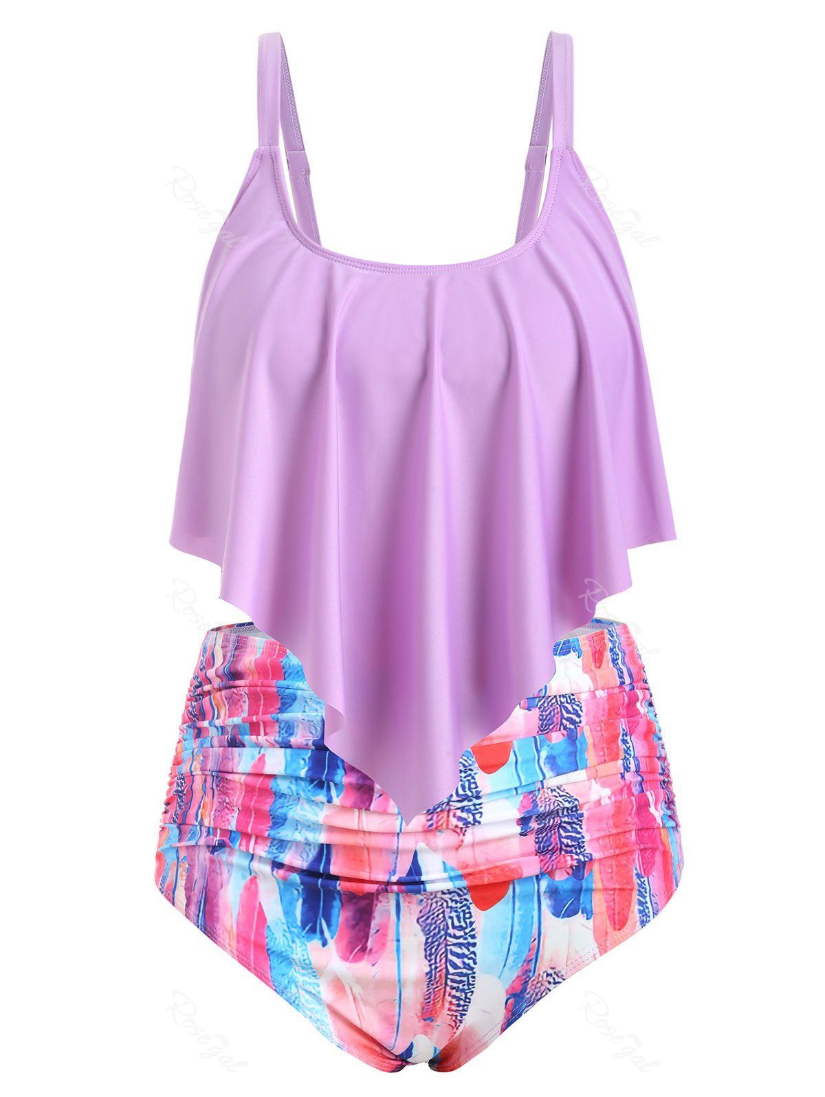 

Plus Size Overlay Splatter Paint High Rise Tankini Swimsuit, Multi f
