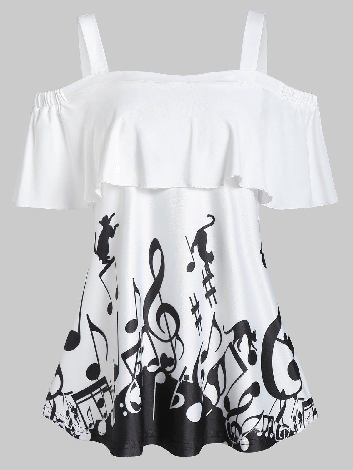 

Cold Shoulder Music Note Print Flounce T Shirt, Milk white
