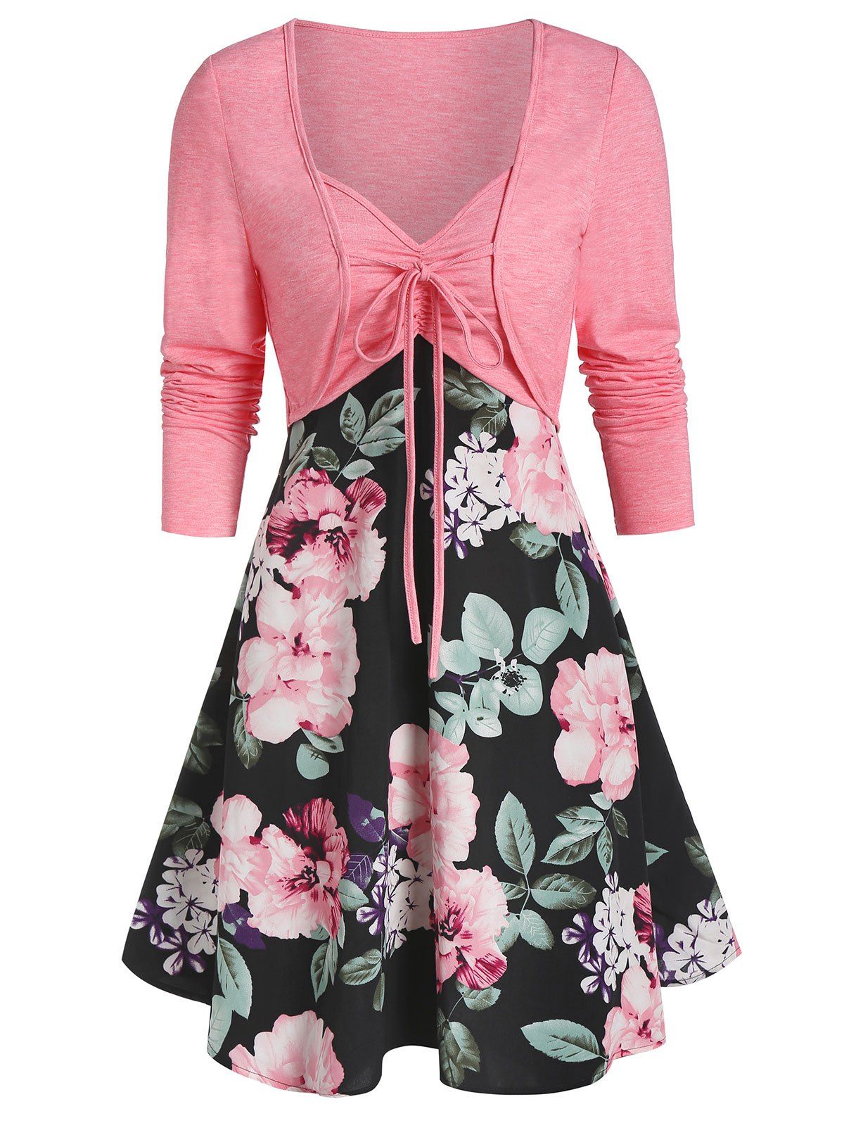

Sweetheart Collar Floral Print Dress with Tie T Shirt, Light pink
