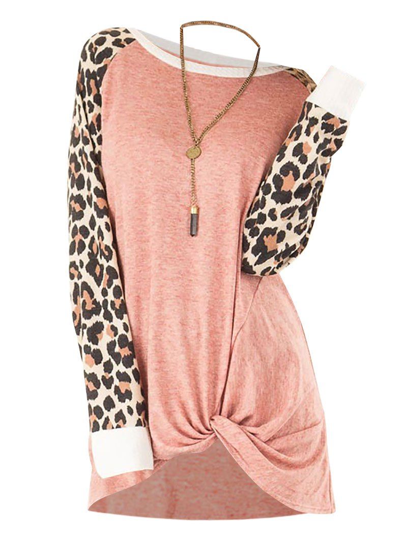 

Leopard Raglan Sleeve Twist Hem T Shirt, Deep peach