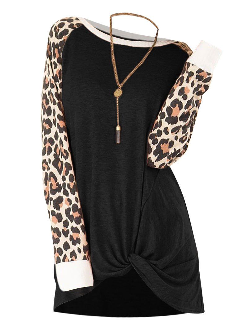 

Leopard Raglan Sleeve Twist Hem T Shirt, Black